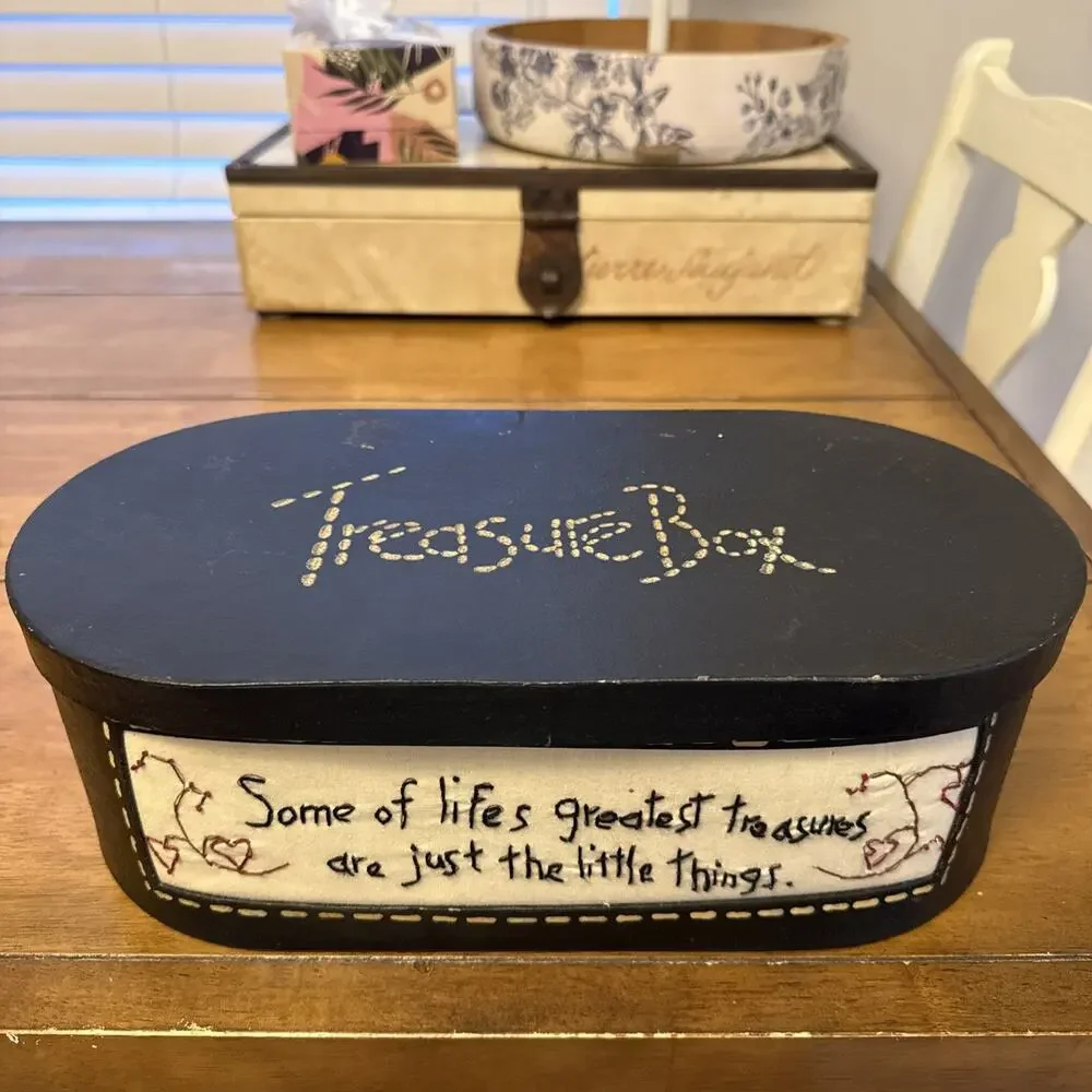 Country Farmhouse Style-TREASURE Trinket Box Black Papier Mache w/Inspo Saying
